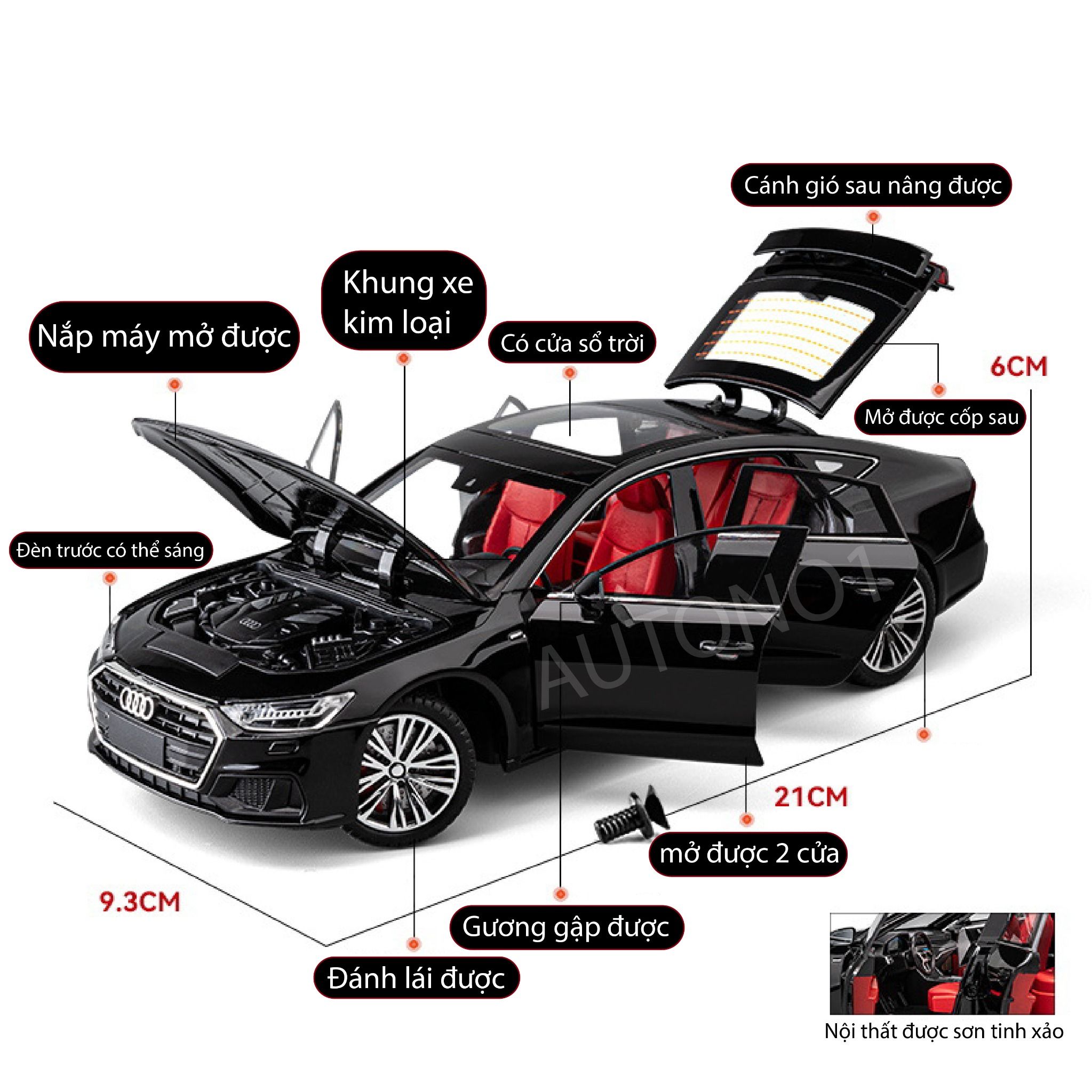 Mô hình xe Audi A7 full open, đánh lái được, có đèn và âm thanh tỉ lệ 1:24 Chezhi OT420