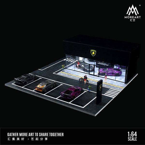 Hộp trưng bày mica mô phỏng showroom Lamborghini có đèn + bãi đỗ xe kích thước 30x30x10cm tỉ lệ 1:64 MoreArt MO936001