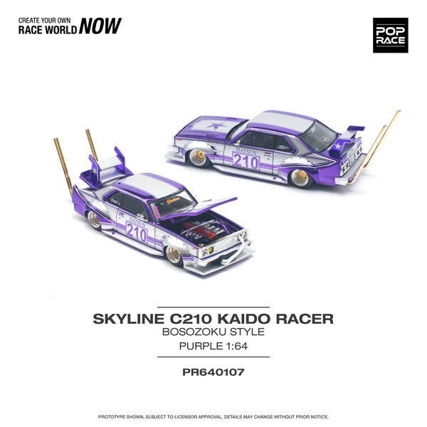 Mô hình xe Skyline C210 Kaido Racer Bosozoku Style Purple Chrome/Silver tỉ lệ 1:64 Poprace PR640107