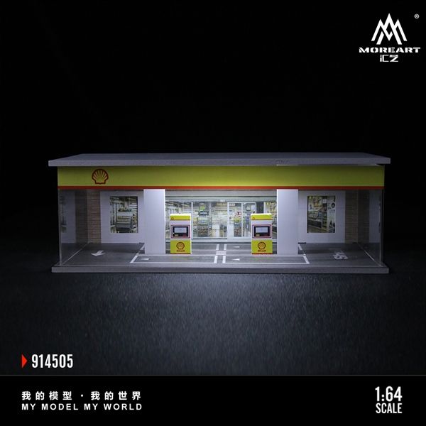 Hộp trưng bày mô phỏng trạm xăng - dầu Shell Oild có đèn - mica bảo vệ tỉ lệ 1:64 MoreArt MO914505