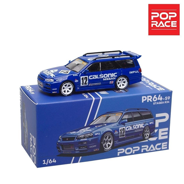 Mô hình xe Nissan Skyline GTR R34 Stagea Race Calsonic blue mở capo tỉ lệ 1:64 Poprace PR640059