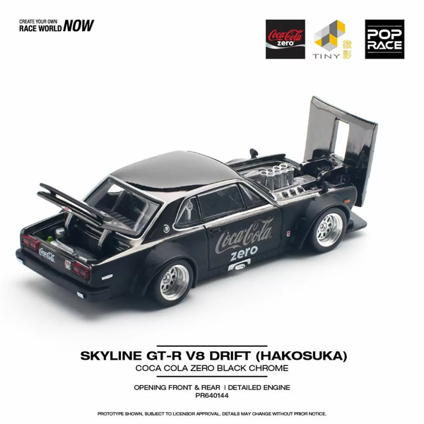 Mô hình xe Skyline GT-R V8 Drift (Hakosuka) Coca Cola Zero Black Chrome tỉ lệ 1:64 Poprace PR640144
