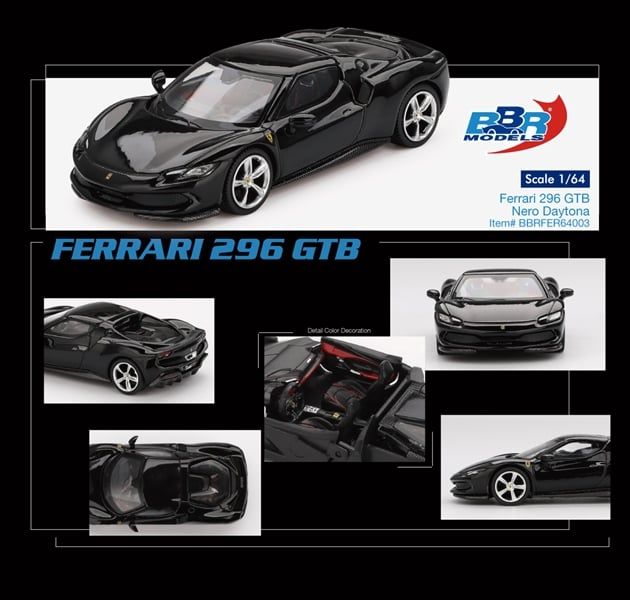 Mô hình xe Ferrari 296 GTB Nero Daytona tỉ lệ 1:64 BBR model BBRFER64003