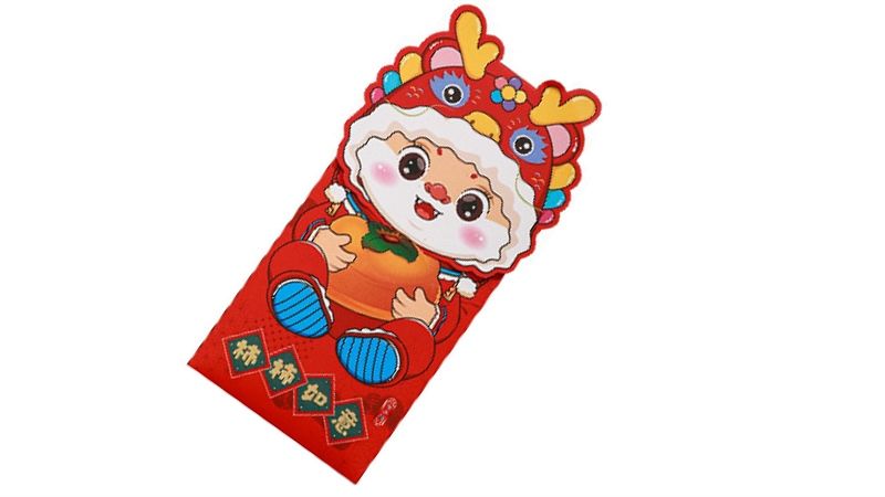 Bao lì xì hình con mèo đội nón rồng kiểu bao dọc chúc mừng năm mới 2024 kích thước 21.5cm Autono1 LX003