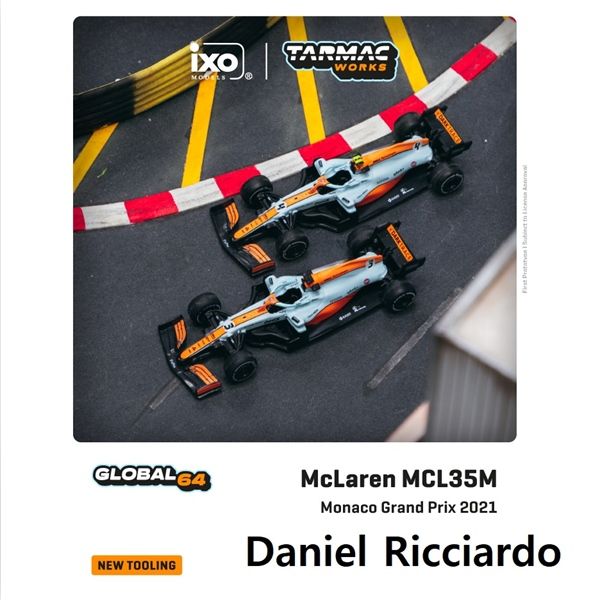 Mô hình xe F1 McLaren MCL35M Monaco Grand Prix 2021 Daniel Ricciardo tỉ lệ 1:64 Tarmac Works T64G-F040-DR1