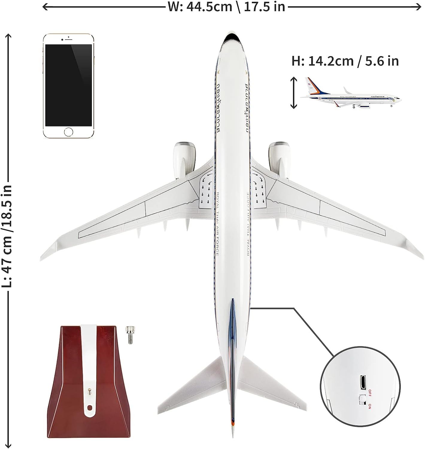 Mô hình máy bay Thủ tướng Thái Lan President of Thailand Boeing B737 47cm có đèn led tự động theo tiếng vỗ tay hoặc chạm MB47058