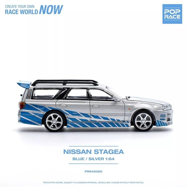 Mô hình xe Nissan Skyline GTR R34 Stagea Blue/silver mở capo tỉ lệ 1:64 Poprace PR640060