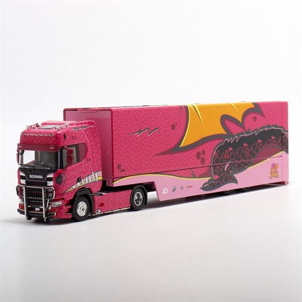 Mô hình xe Scania S730 V8 Double-Decker Closed Wing Transport Car Model Pink Roxy tỉ lệ 1:64 Maxwell OT64298