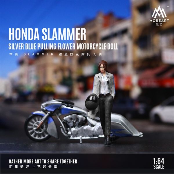 Mô hình nhân vật nữ và xe Honda SLAMMER Silver Blue Lahua Motorcycle Doll Set tỉ lệ 1:64 MoreArt MO222102