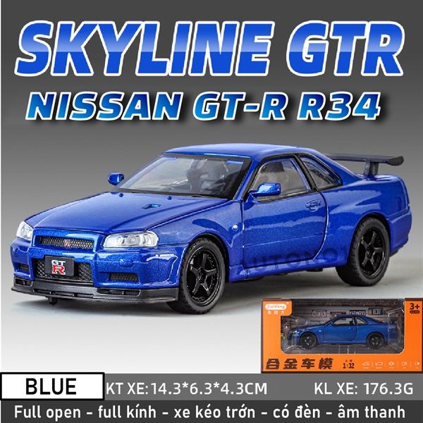 Mô hình xe ô tô Nissan GT-R R34 Fast & Furious full open - full kính - có đèn - âm thanh tỉ lệ 1:32 Jinlifiang OT574