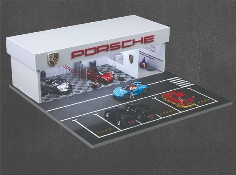 Hộp trưng bày mô phỏng showroom Porsche + bãi đỗ xe có đèn kích thước 30x30x10cm tỉ lệ 1:64 MoreArt MO936106