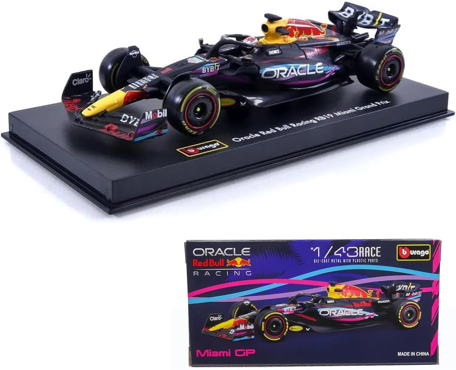 Mô hình xe đua F1 Formula Honda Red bull 2023 RB19 Miami GP hộp mica có figure tỉ lệ 1:43 Bburago OT43001