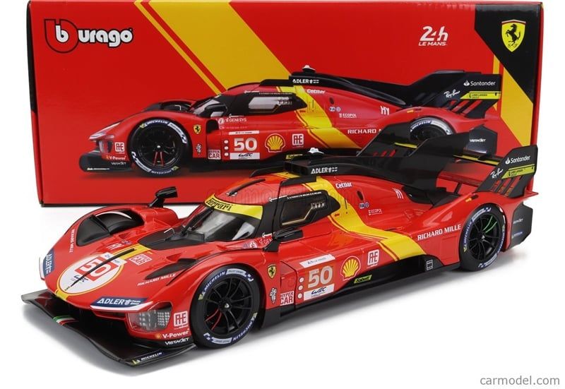 Mô hình xe Ferrari 499P 3.0L turbo V6 team Ferrari Corse #50 - #51 24h Le Mans 2023 18-16301 (#50) tỉ lệ 1:18 Bburago OT374