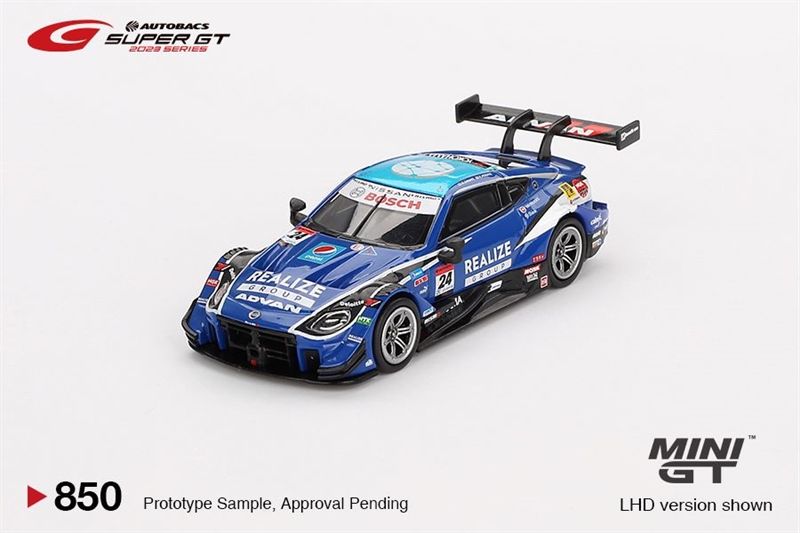 Mô hình xe Nissan Z GT500 #24 REALIZE CORPORTATION ADVAN Z team Kondo racing 2023 bản card tỉ lệ 1:64 Minigt MGT00850-BL