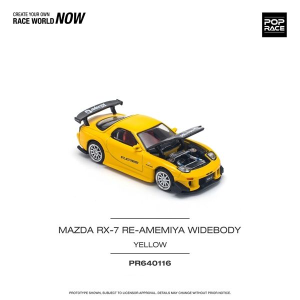 Mô hình xe Mazda RX-7 FD3S RE-AMEMIYA Widebody Yellow tỉ lệ 1:64 Poprace PR640116