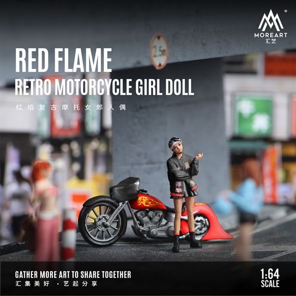 Mô hình xe và nhân vật figure Harley Red Flame Retro Motorcycle Girl tỉ lệ 1:64 MoreArt MO222100