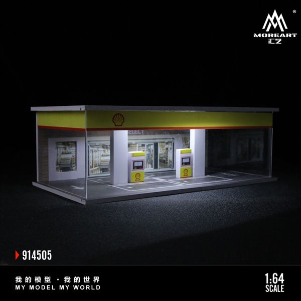 Hộp trưng bày mô phỏng trạm xăng - dầu Shell Oild có đèn - mica bảo vệ tỉ lệ 1:64 MoreArt MO914505