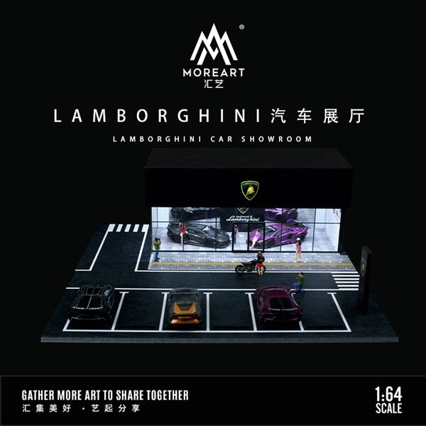 Hộp trưng bày mica mô phỏng showroom Lamborghini có đèn + bãi đỗ xe kích thước 30x30x10cm tỉ lệ 1:64 MoreArt MO936001