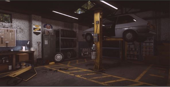 Diorama trưng bày 1 mặt background Nhà kho old garage dark gray dành cho mô hình DR018