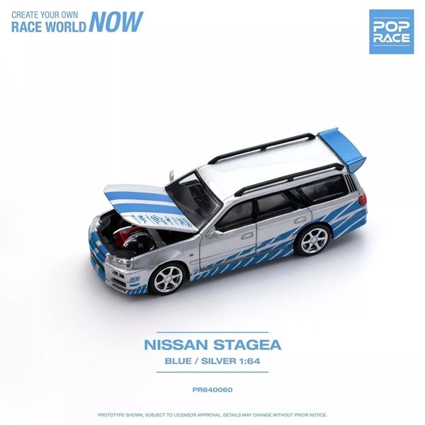 Mô hình xe Nissan Skyline GTR R34 Stagea Blue/silver mở capo tỉ lệ 1:64 Poprace PR640060