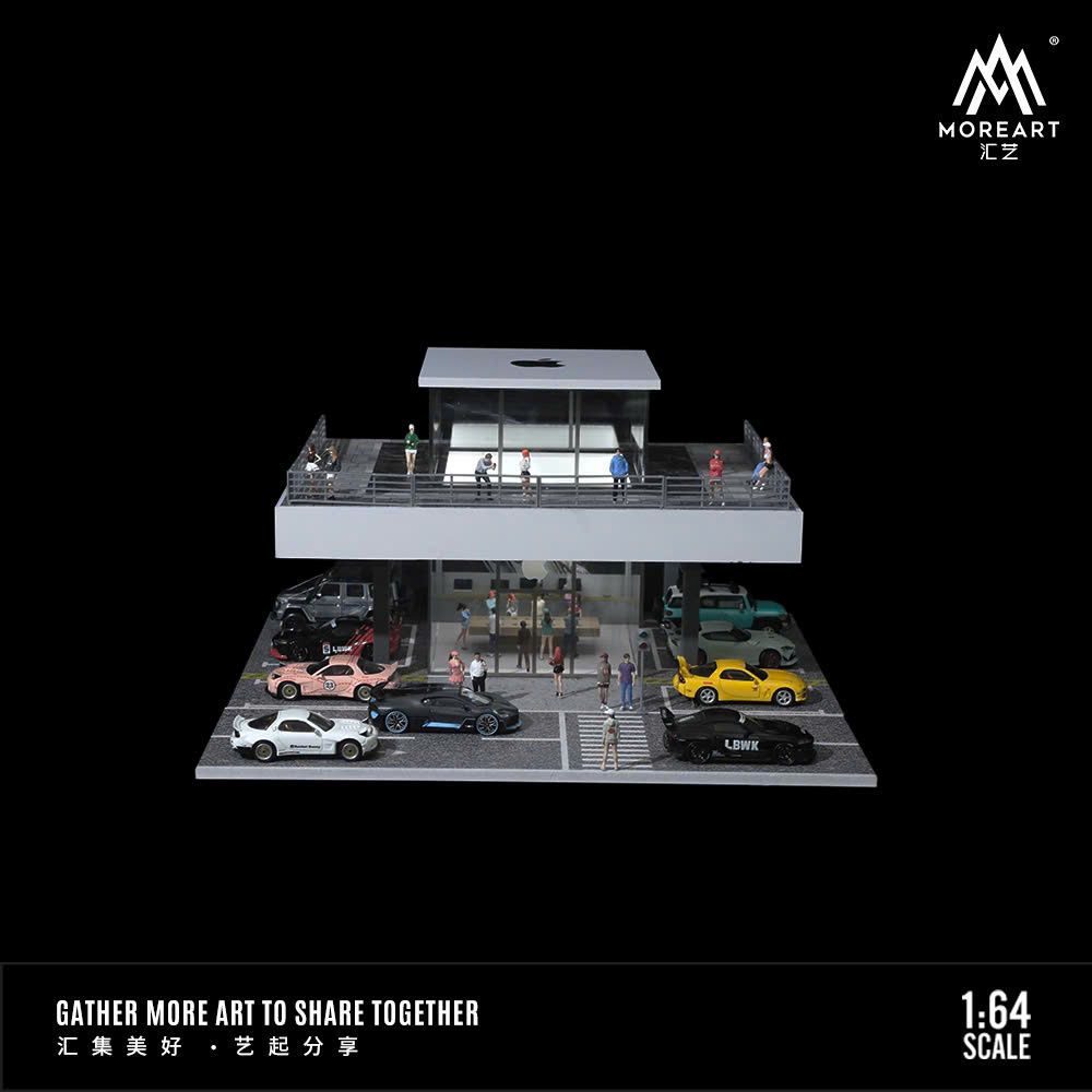 Hộp trưng bày showroom Apple garage để xe có tầng có đèn tỉ lệ 1:64 MO936208 More Art