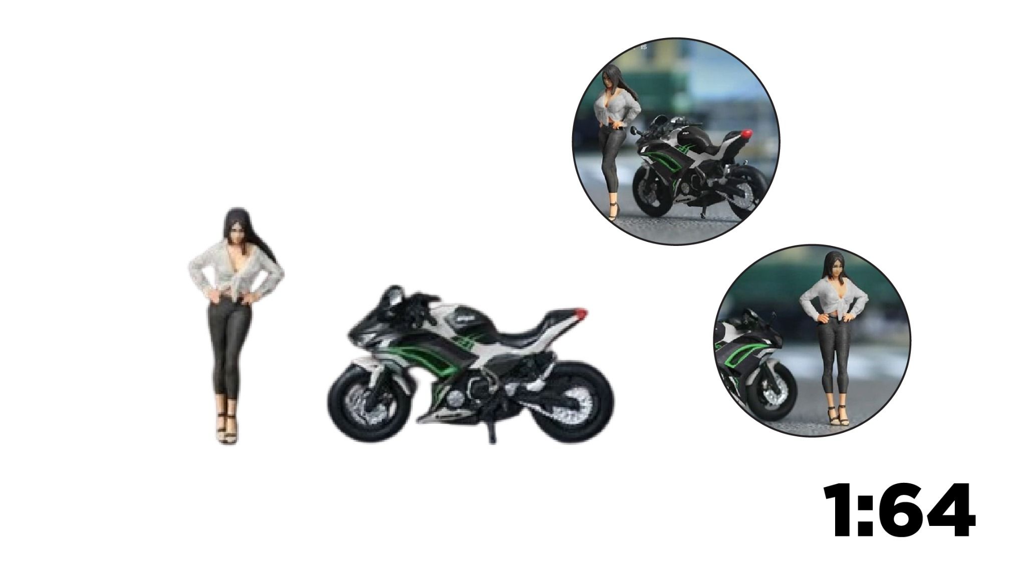 Mô hình nhân vật và mô tô Kawasaki NINJA650 Black and White Floral Motorcycle Girl Simulation Resin Model tỉ lệ 1:64 More Art MO222124