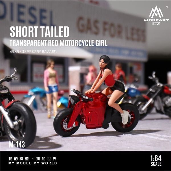 Mô hình nhân vật figure và xe mô tô Short Tail Transparent Redtỉ lệ 1:64 MoreArt MO222143