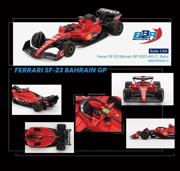 Mô hình xe đua F1 Formular Ferrari SF23 #55 Carlos Sainz 2023 Bahrain GP tỉ lệ 1:64 BBR model BBRFER64015