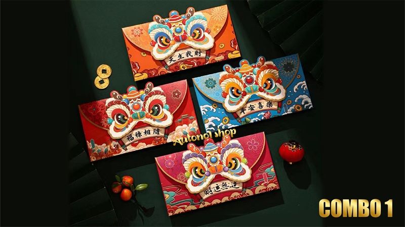 Bộ 4 bao lì xì hình đầu con lân kiểu bao ngang 4 màu chúc mừng năm mới 2024 kích thước 16.5cm Autono1 LX001E