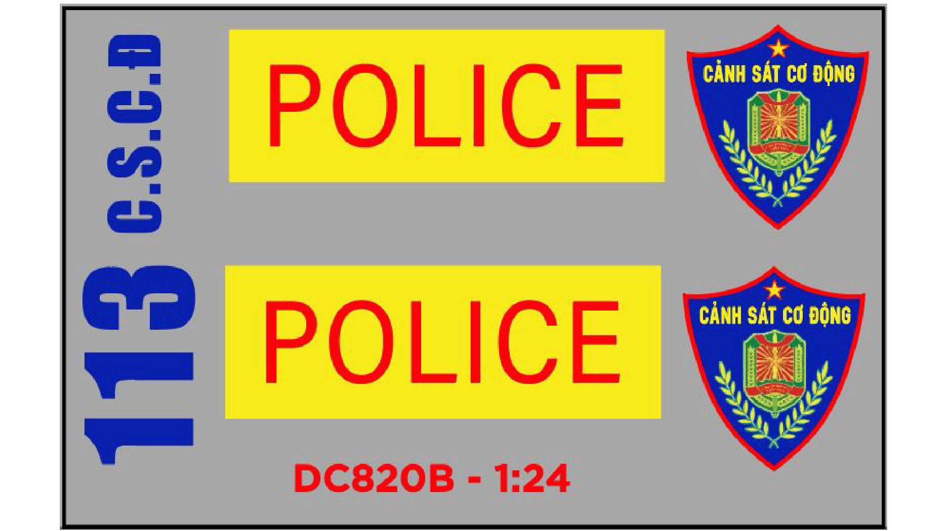 Decal UV độ xe CSCĐ cảnh sát cơ động Police 113 tỉ lệ 1:24 có keo sẵn lột dán Autono1 DC820