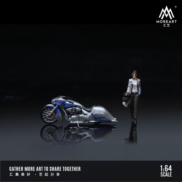 Mô hình nhân vật nữ và xe Honda SLAMMER Silver Blue Lahua Motorcycle Doll Set tỉ lệ 1:64 MoreArt MO222102