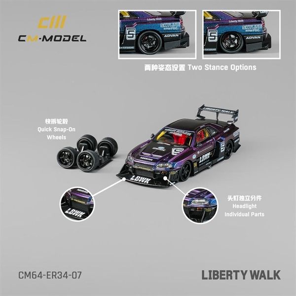 Mô hình xe Nissan ER34 LBWK có bánh thay thế tỉ lệ 1:64 CM model
