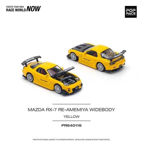Mô hình xe Mazda RX-7 FD3S RE-AMEMIYA Widebody Yellow tỉ lệ 1:64 Poprace PR640116