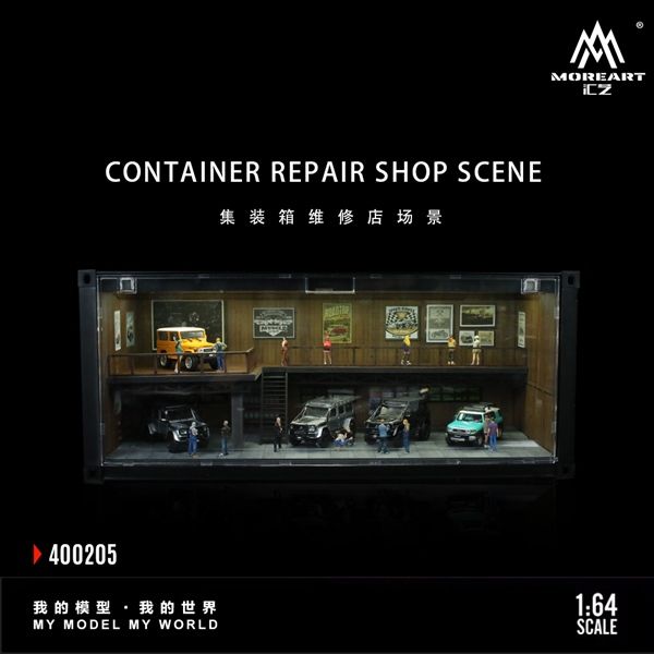 Hộp trưng bày mô phỏng nhà kho có tầng - Container Repair Shop Scene có đèn kích thước 38.7 x 16 x 16.4cm tỉ lệ 1:64 More Art MO400205