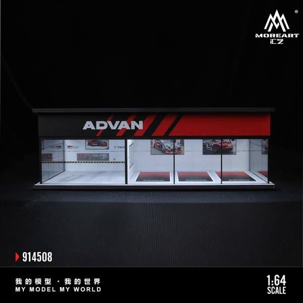 Hộp trưng bày mô phỏng Garage ADVAN có đèn - mica bảo vệ tỉ lệ 1:64 MoreArt MO914508