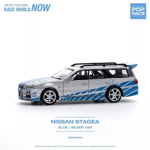 Mô hình xe Nissan Skyline GTR R34 Stagea Blue/silver mở capo tỉ lệ 1:64 Poprace PR640060