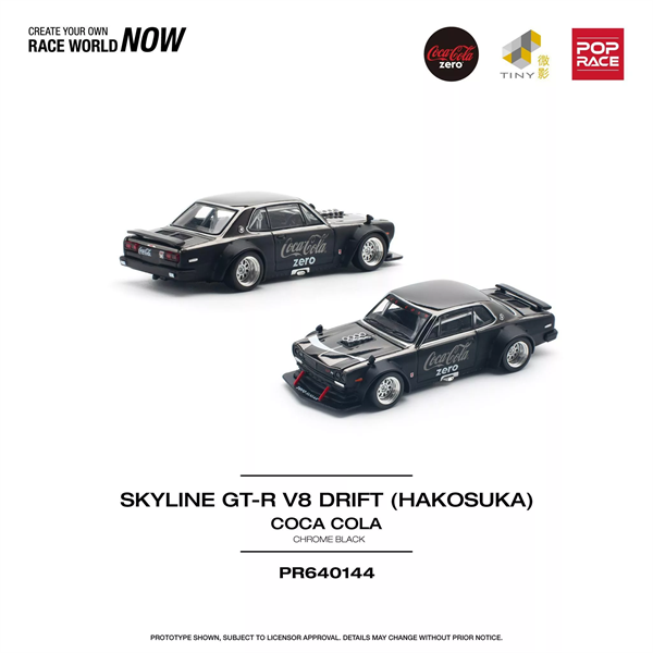 Mô hình xe Skyline GT-R V8 Drift (Hakosuka) Coca Cola Zero Black Chrome tỉ lệ 1:64 Poprace PR640144