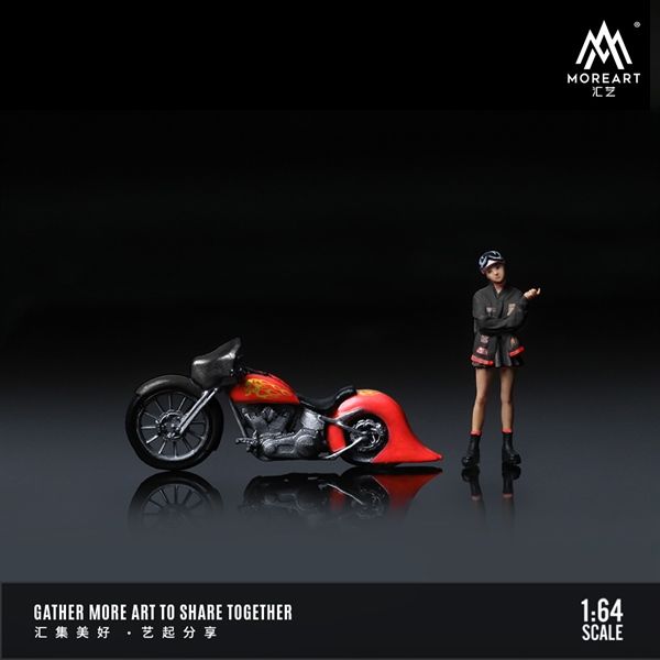 Mô hình xe và nhân vật figure Harley Red Flame Retro Motorcycle Girl tỉ lệ 1:64 MoreArt MO222100