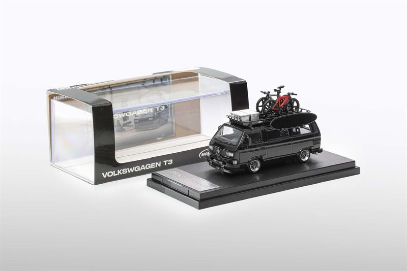 Mô hình xe Volkswagen VW T3 low BBS wheels, with roof bike accessories, surfboard and accessories box tỉ lệ 1:64 Mortal OT64159