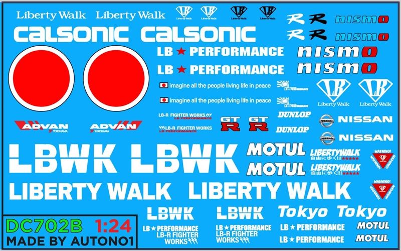 Decal nước trang trí xe Nissan GTR LBWK Liberty Walk Calsonic Nismo dán mọi nền màu cho xe mô hình tỉ lệ 1:24 DC702B