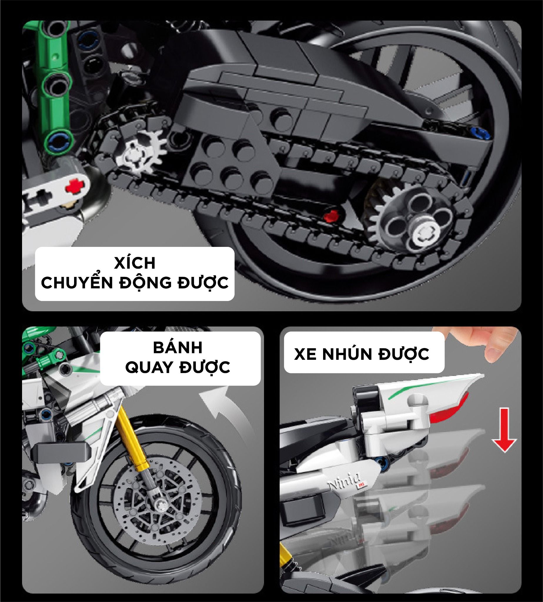  Mô hình xe mô tô lắp ghép Kawasaki Ninja H2R Technic 858 pcs tỉ lệ 1:6 LG006 