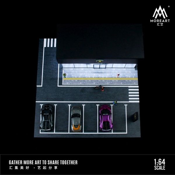 Hộp trưng bày mica mô phỏng showroom Lamborghini có đèn + bãi đỗ xe kích thước 30x30x10cm tỉ lệ 1:64 MoreArt MO936001