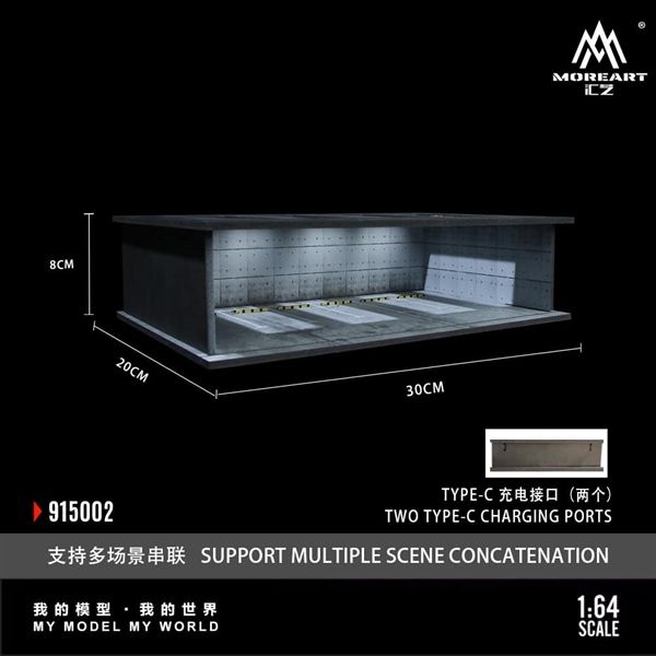 Hộp trưng bày mica mô phỏng bãi đỗ xe trong nhà có đèn sạc type C - Underground packing garage scene 02 tỉ lệ 1:64 MoreArt MO915002