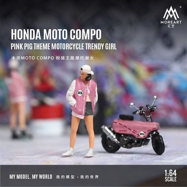 Mô hình nhân vật và mô tô Pink Pig Theme Doll Motorcycle Set Simulation tỉ lệ 1:64 MoreArt MO222123
