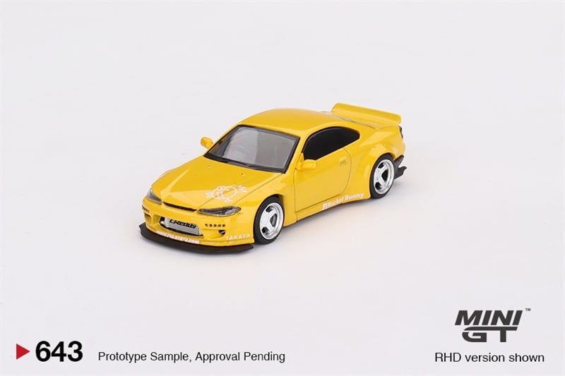 Mô hình xe Nissan Silvia (S15) Rocket Bunny Bronze Yellow bản card tỉ lệ 1:64 MiniGT x Mijio MGT00643-MJ