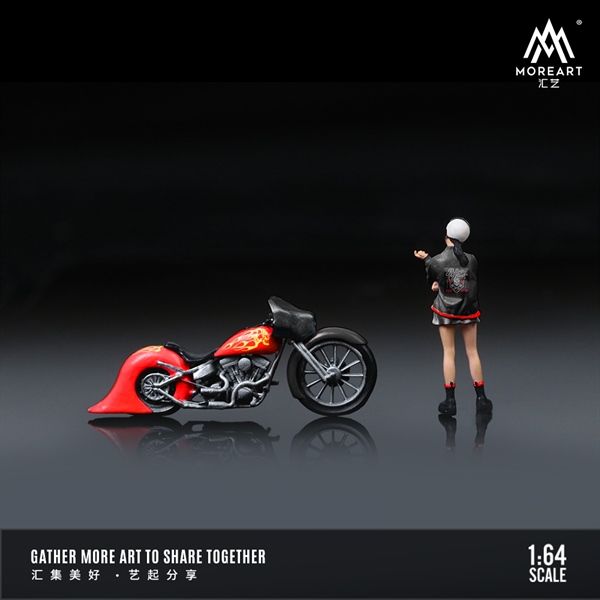Mô hình xe và nhân vật figure Harley Red Flame Retro Motorcycle Girl tỉ lệ 1:64 MoreArt MO222100