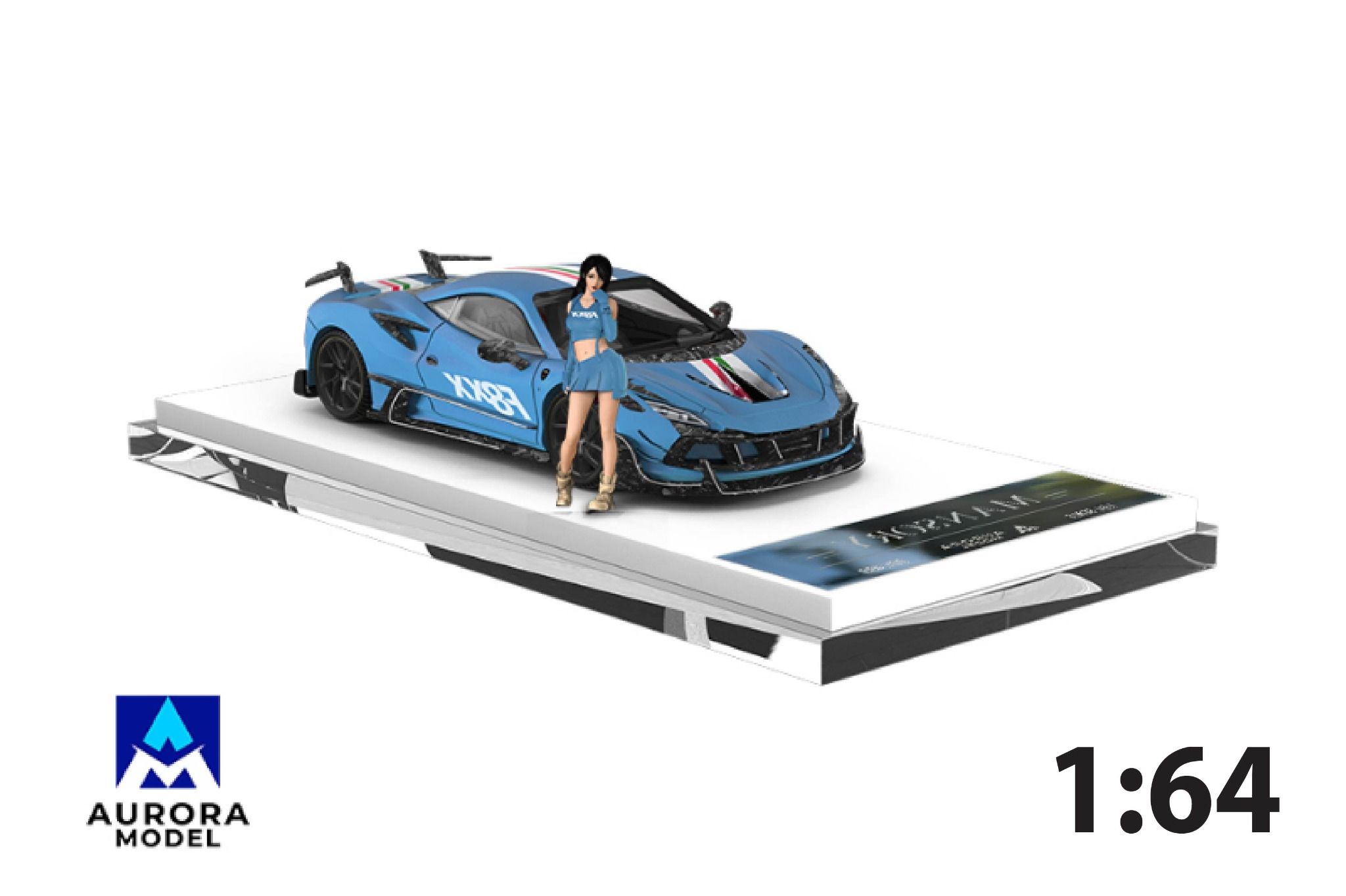 Mô hình xe Ferrari F8 Tributo Mansory F8XX Baby Blue tỉ lệ 1:64 Aurora Model AM646509