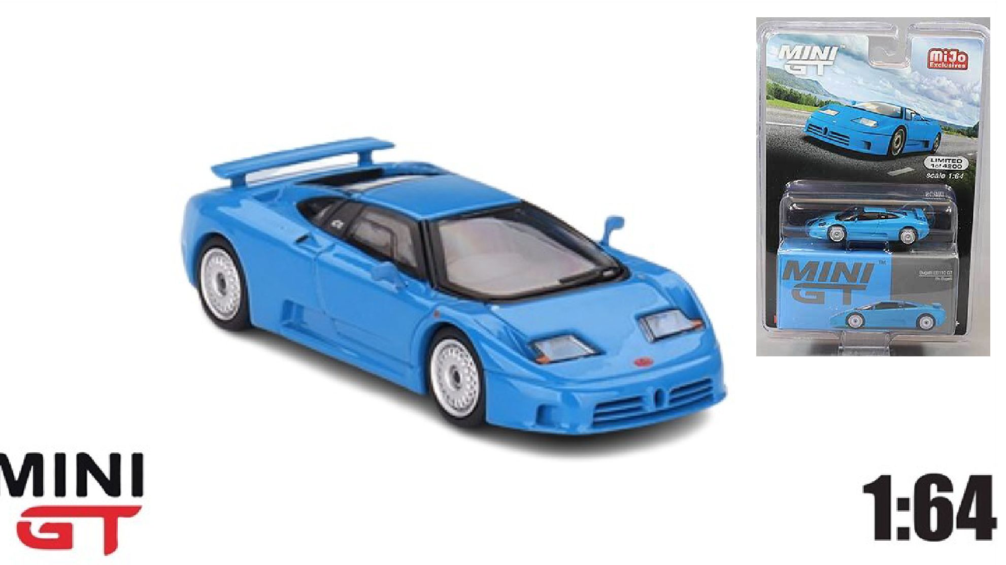 Mô hình xe ô tô Bugatti EB110 GT Blue sky bản card tỉ lệ 1:64 MiniGT MGT00644