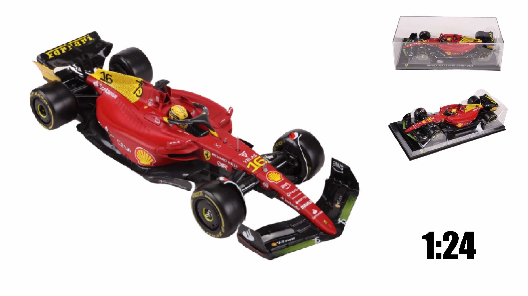 Mô hình xe đua F1-75th Anniversary Version Ferrari 2022 hộp mica có figure tỉ lệ 1:24 Bburago OT178