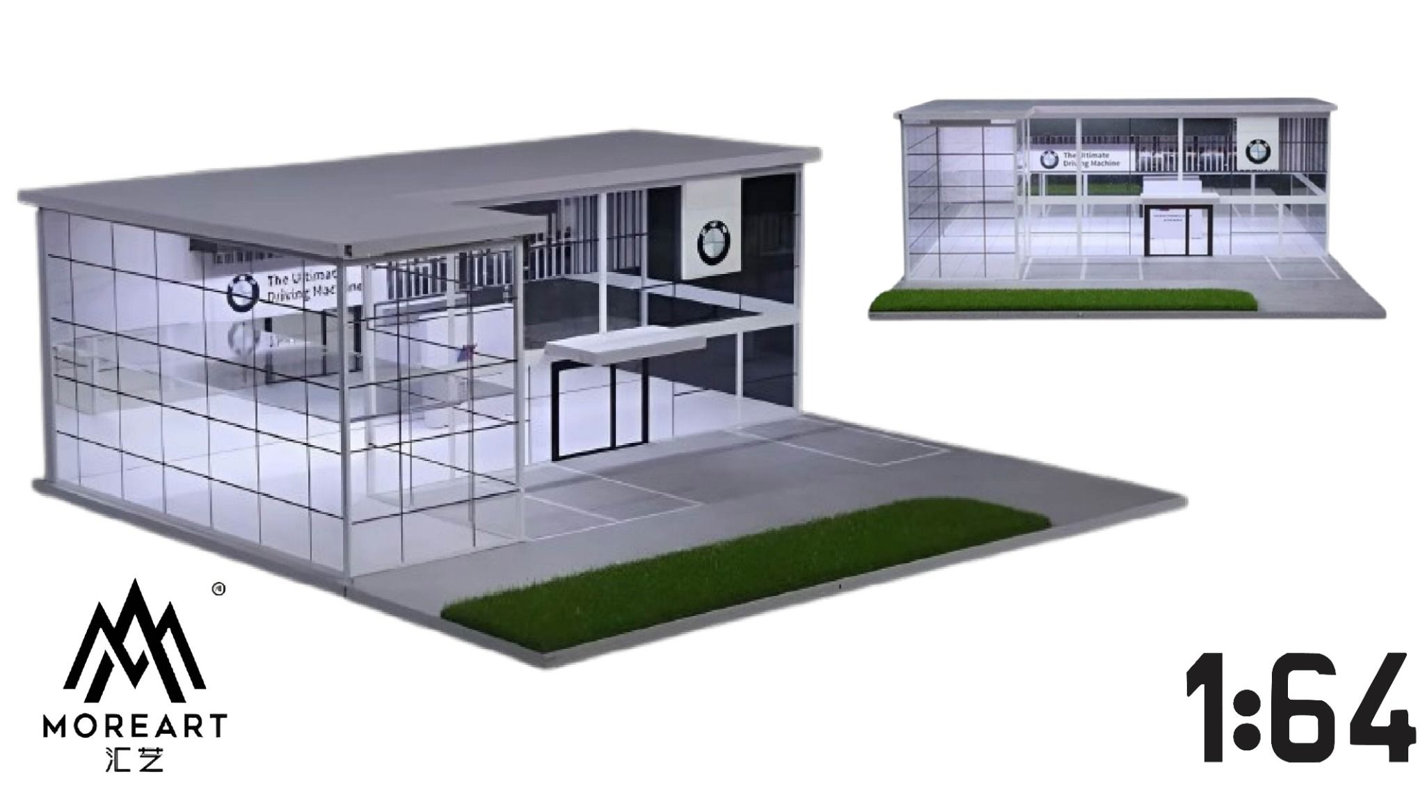 Hộp trưng bày mô phỏng showroom BMW the ultimate driving machine có đèn - bãi đỗ xe sân trước tỉ lệ 1:64 MoreArt MO936014